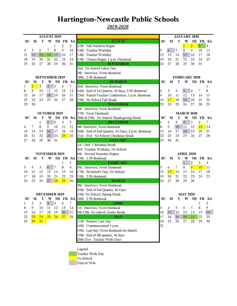 20192020 School Calendar HARTINGTONNEWCASTLE PUBLIC SCHOOLS