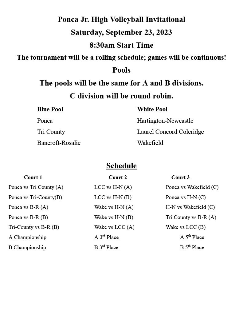 Ponca JH Volleyball Tournament Schedule